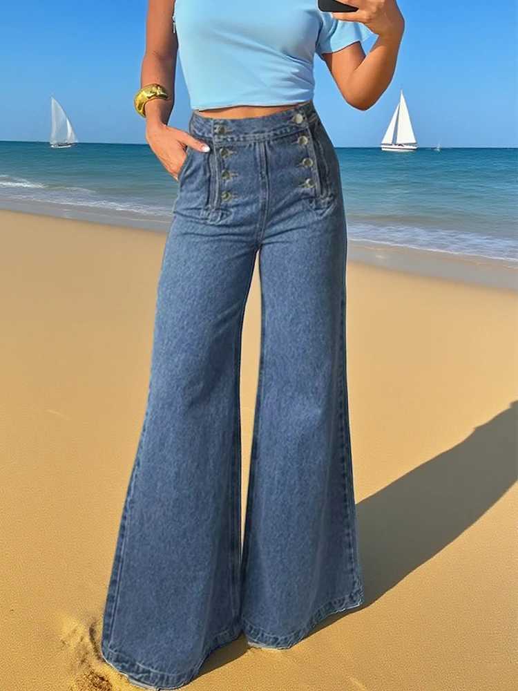 Autumn High Waisted Loose Womens Jean Pants Casual with Buttoned Split - Joint Fashionable Bottoms For Outdoor Travel C251110