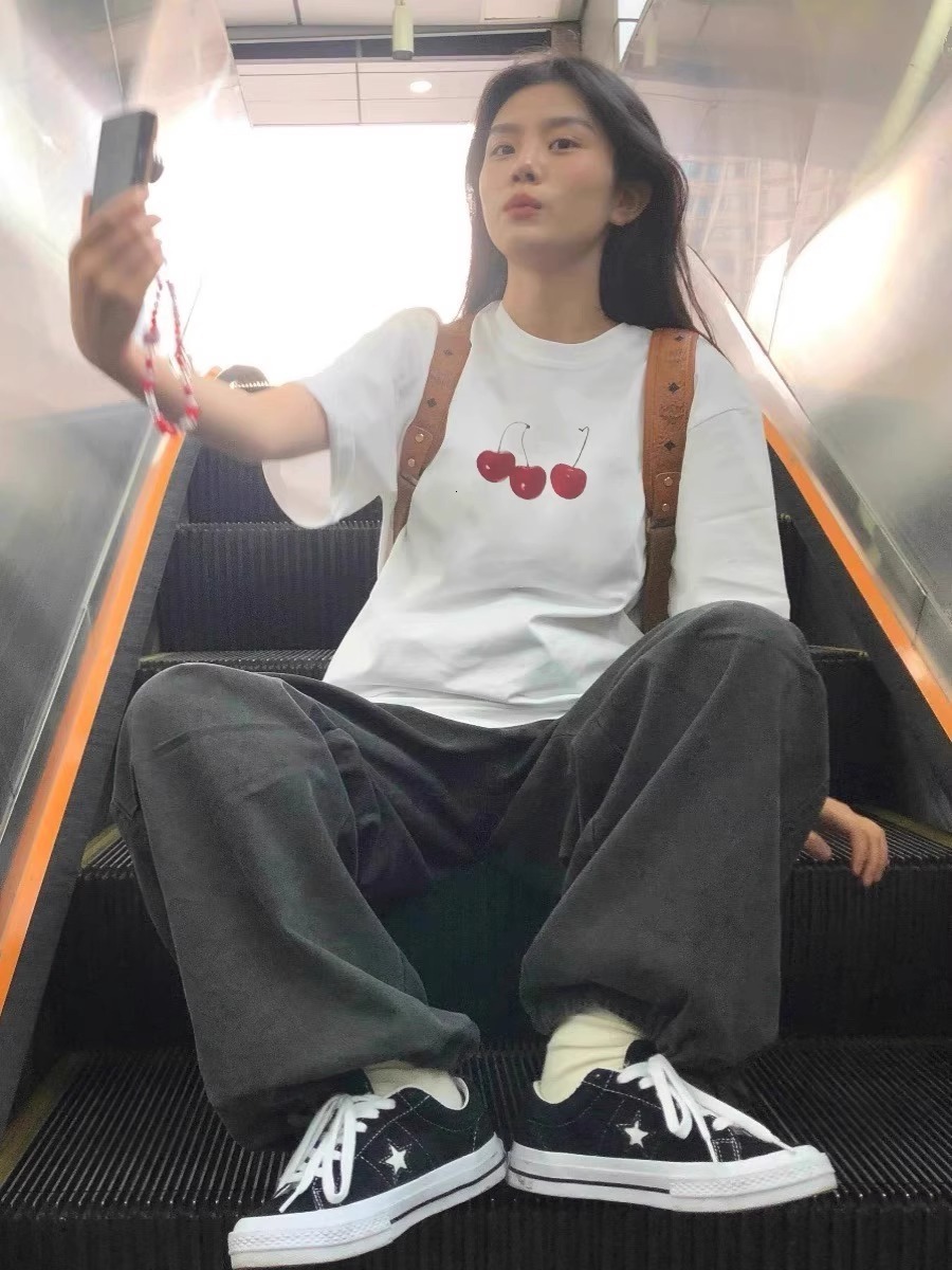 Large white short sleeved tshirt for women summer pure cotton shoulder design American style half loose top 250409