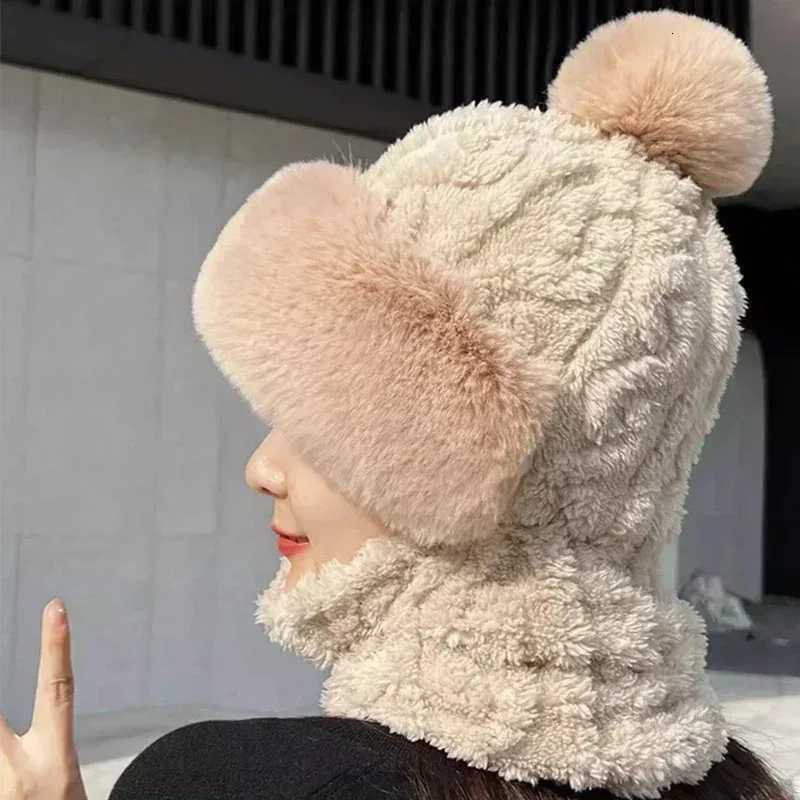 Winter Beanie Hat Scarf Mask One-Piece Fleece Pom Beanies for Women Warm Bonnet Ears Protection Multifunctional Skiing CapsXJ251110
