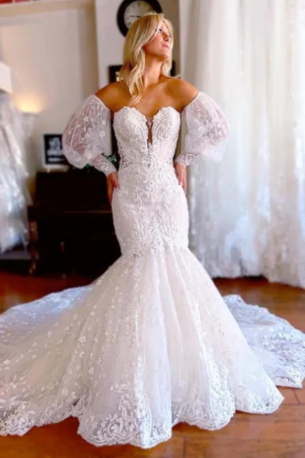 Sexy Sweetheart Removable Puff Sleeve Lace Pleat Tulle Mermaid Wedding Dress For Women Boho Bridal Gowns Sweep Robe De BC164