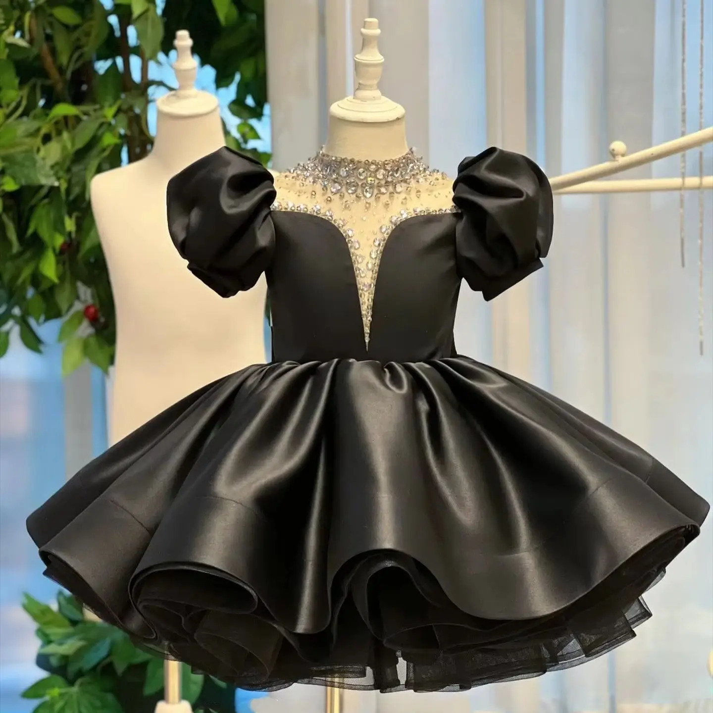 Customized White Flower Girl Wedding Dress Satin Bow Short Sleeve Childrens Birthday Party First Communication Ball Dress 250403