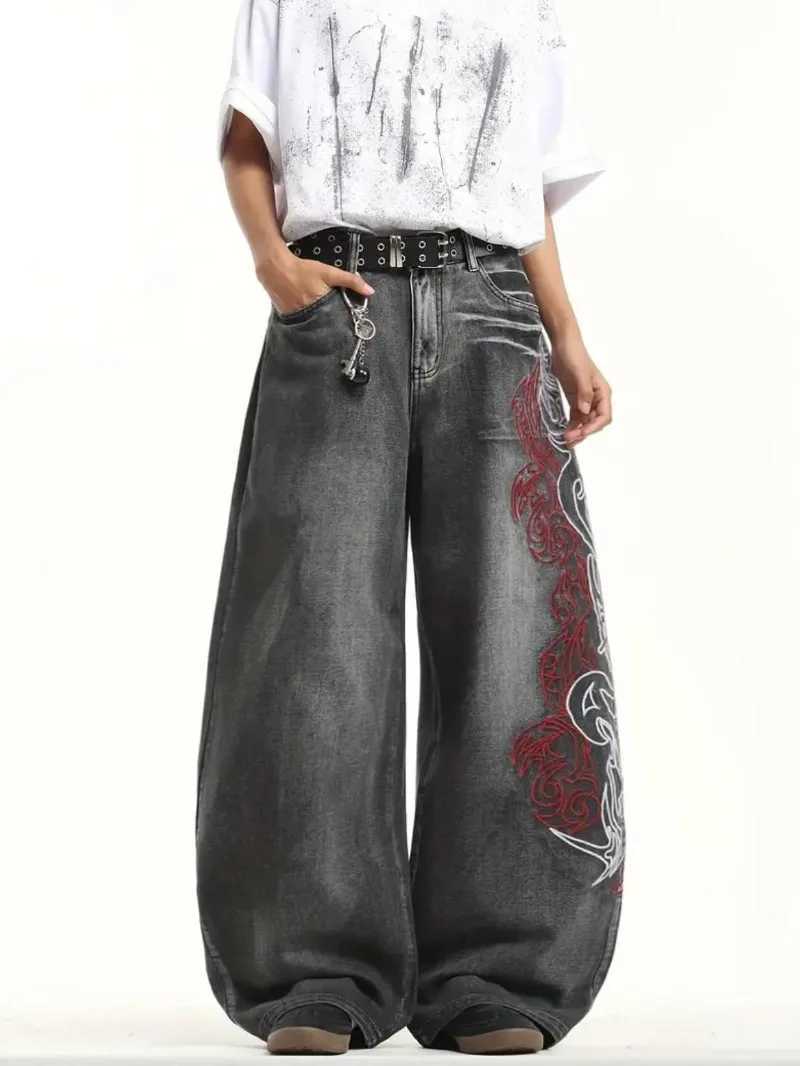 Y2K American New Pattern Embroidery Baggy Jeans Men High Streetwear Vintage Hip Hop Fashion Casual Joker Couple Wide-leg Pants C251110