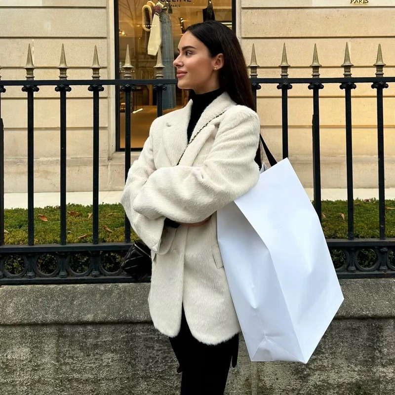 MUJER Faux Fur Long Blazers for Women Fashion Casual Blazer Woman Outerwears Sleeve Jacket Womens Tailoring 251110