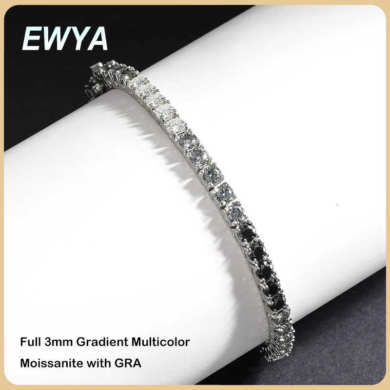 EWYA GRA Certified m 0.1CT Gradient Color Black Grey White Tennis Bracelet for Men Woman 925 Silver Link Bracelets 250408