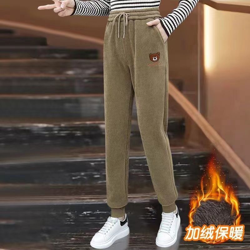 Fleece-Lined Thickened Sweatpants for Women 2025 Autumn Winter High-Waisted Joggers Slimming Bear Embroidery Corduroy Casual Sports Pants 201102 Z2603