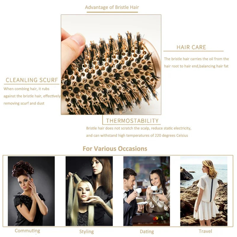 1PC Ceramic Round Hair Brush Women Boar Bristles Hair Comb for Blow Dry Hairdressing StylingTools For Drying Curly Hair Straight 251107