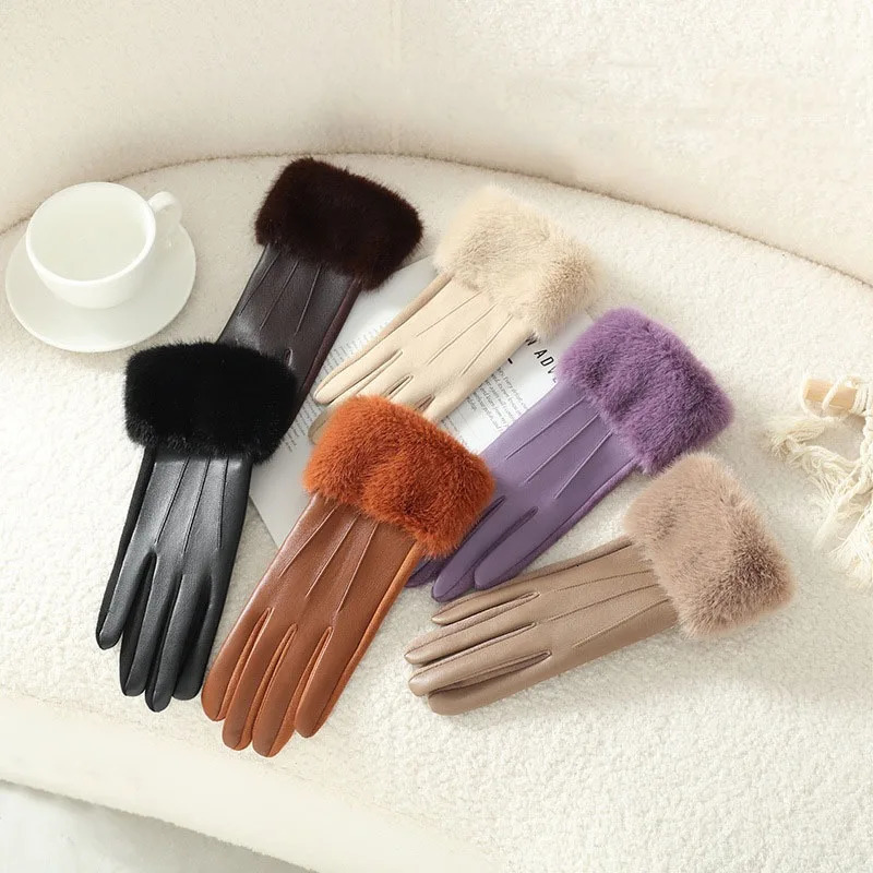 Temperament Women Winter of Mink Fur Suede Leather Gloves Keep Warm Touch Screen Thickened Add Velvet Fashion Elegant 251106