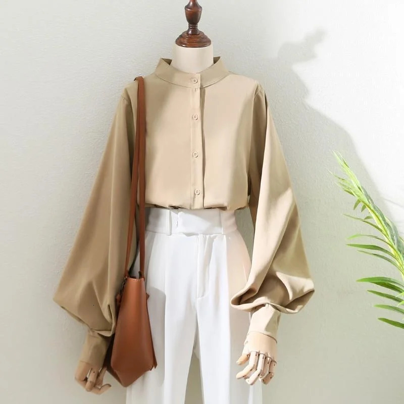 Womens Spring and Autumn style shirt womens long lantern sleeve stand collar loose blue top DF4847 250409
