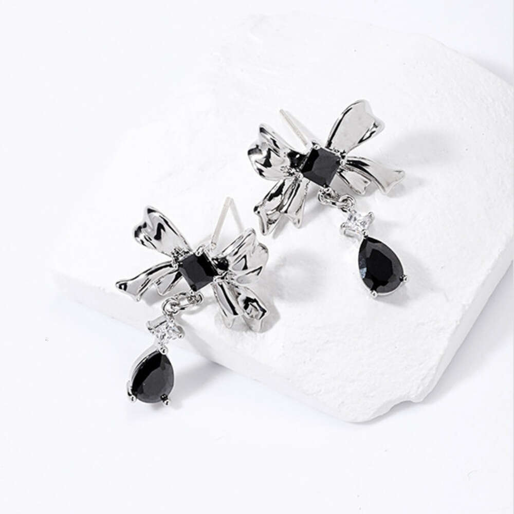 DHcollections 925 Silver Needle Simple Bowknot High-end Light Luxury Niche Black Glass Drop Fashion Personality Earrings
