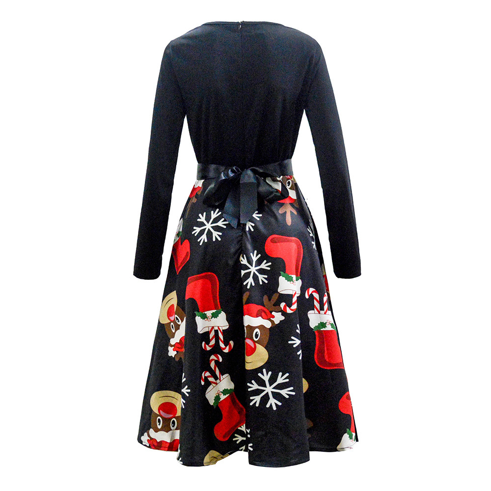 Christmas round neck printed long sleeved large swing dress