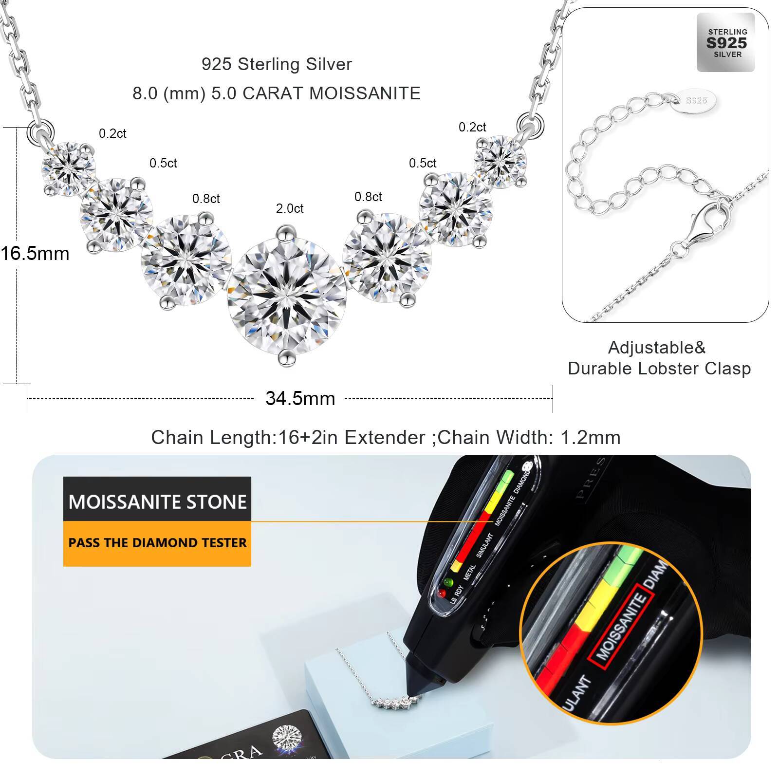 1-5CT Moissanite Heart Anniversary Gift 925 Sterling Silver Smile White Gold Plated 7 Stone Mossanite Diamond Necklace for Women