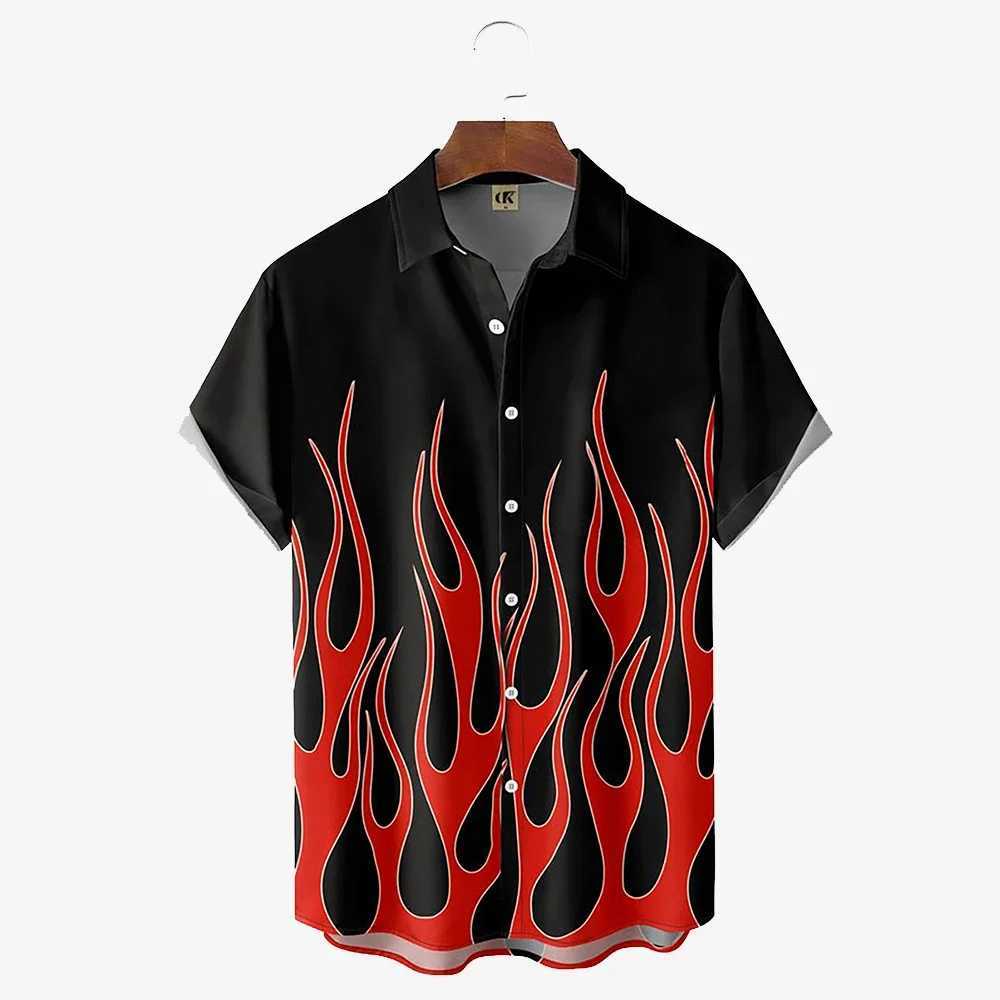 Mens flame printed shirt Hawaii casual short sleeved top fashion beach vacation lapel shirt mens summer oversized clothing X250410