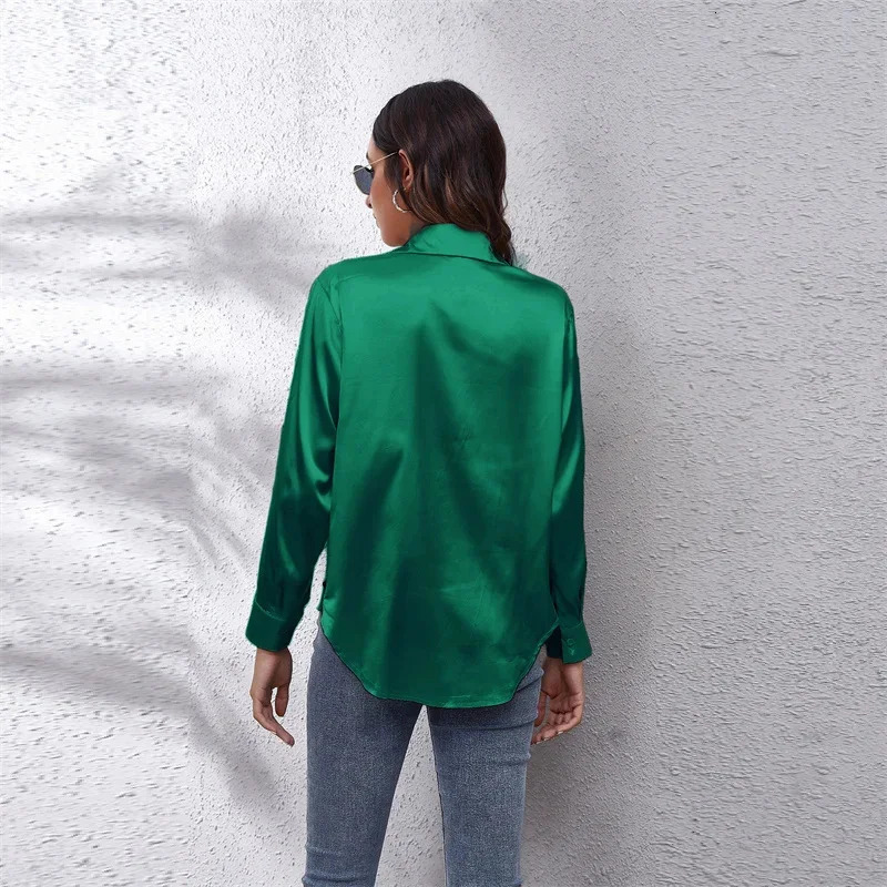 Spring satin womens loose button up shirt womens silk long sleeved shirt 250409