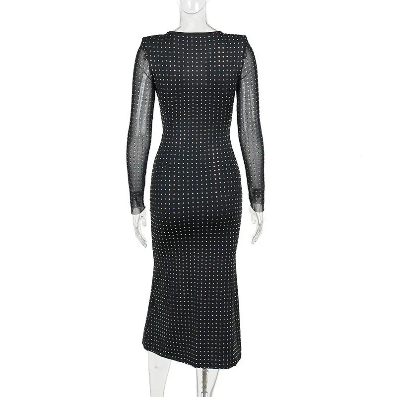 Autumn and winter sequins hollow sexy party club Maxi womens mesh long sleeved lace upper dress Vestido 250403