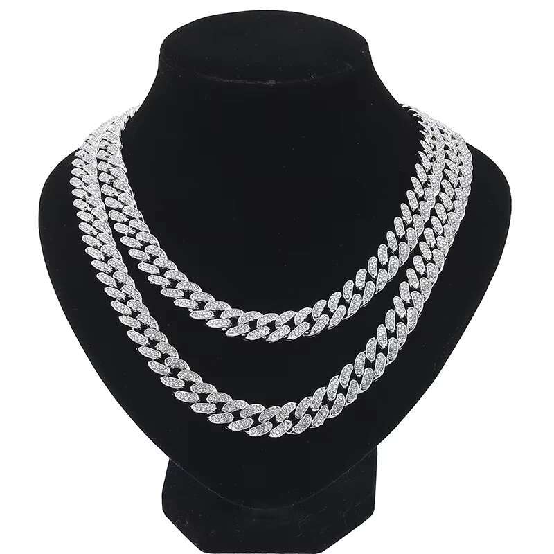 Miami Cuban k Chain Necklace and Bracelet Set Iced Crystal Rhie Hip Hop Jewelry