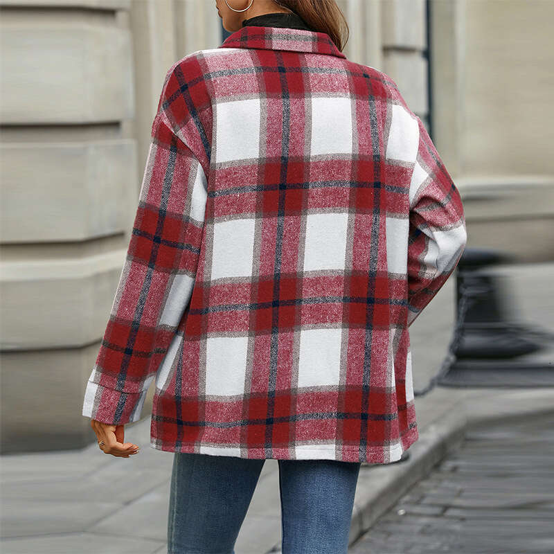 Cross-Border Foreign Trade European and American Women's Clothing Jacket 2025 Autumn Winter Red Plaid Thickened Cardigan Amazon Outerwear Top