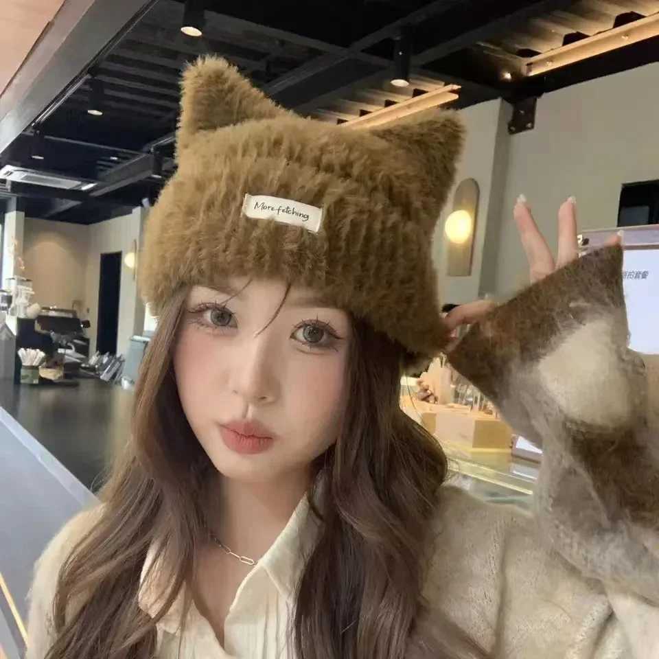new apanese Cute Cat Ears Plush Beanies Cap Y2K Autumn and Winter Casual Warm Sweet Versatile Pullover Knitted Womens HatsXJ251110
