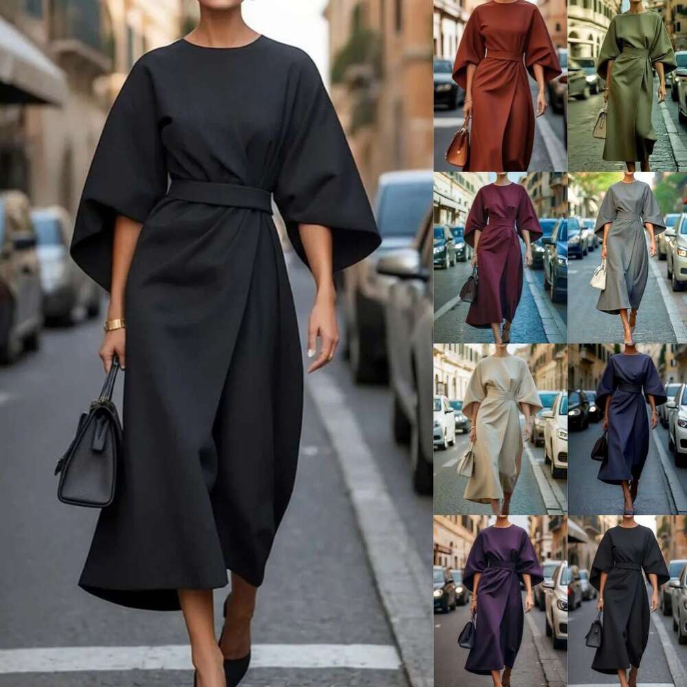 2025 Foreign Trade Women's European and American Cross-Border Fashion Elegant Solid Color Waist-Cinching Casual Batwing Sleeve Long Dress