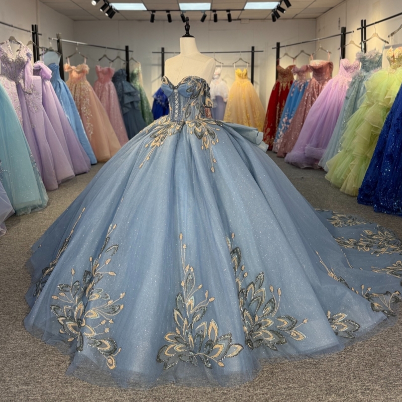 Sea Blue Shiny Quinceanera Dresses Ball Gown Off The Shoulder Sequin Applique Lace Beading Crystal Corset Tull Party Birthday Sweet 16 Dress Vestidos 