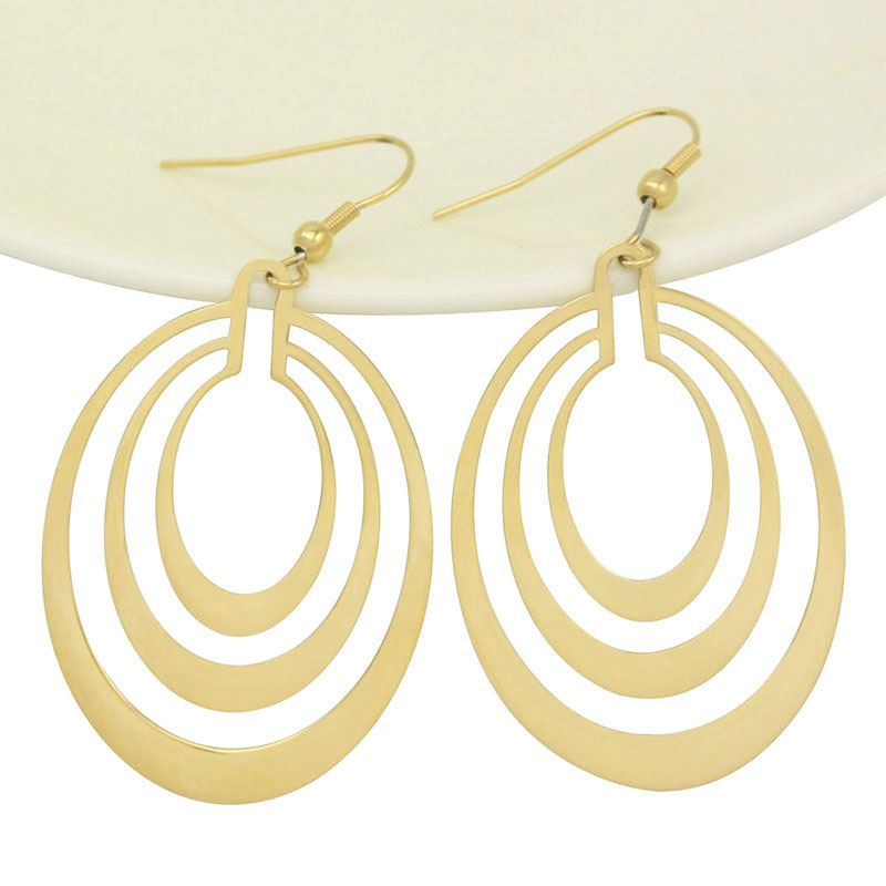 3 Layer Hollow Oval Shaped Big Gold-color Stainless Steel Dangle Drop Earrings For Women Free Shipping