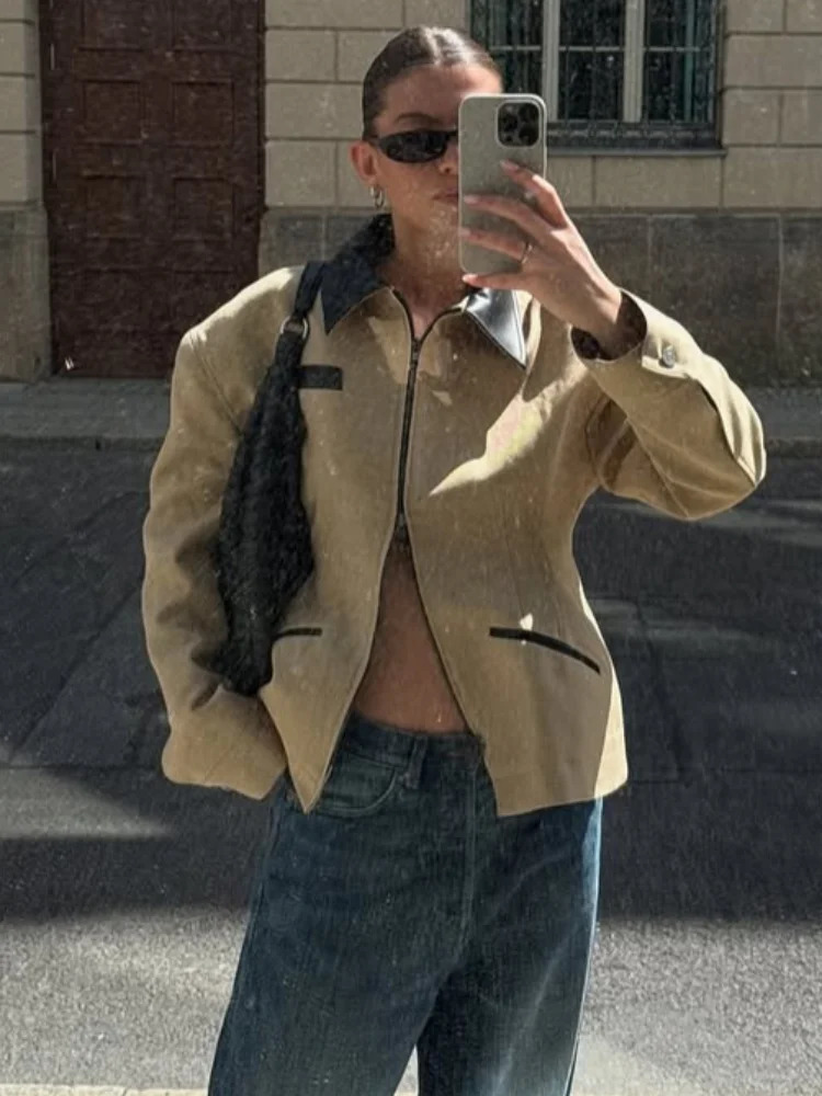 Elegant Patchwork Top For Women Turndown Collar Long Sleeve Double Slider Zipper Jacket Summer Female Commute Outerwear 251103