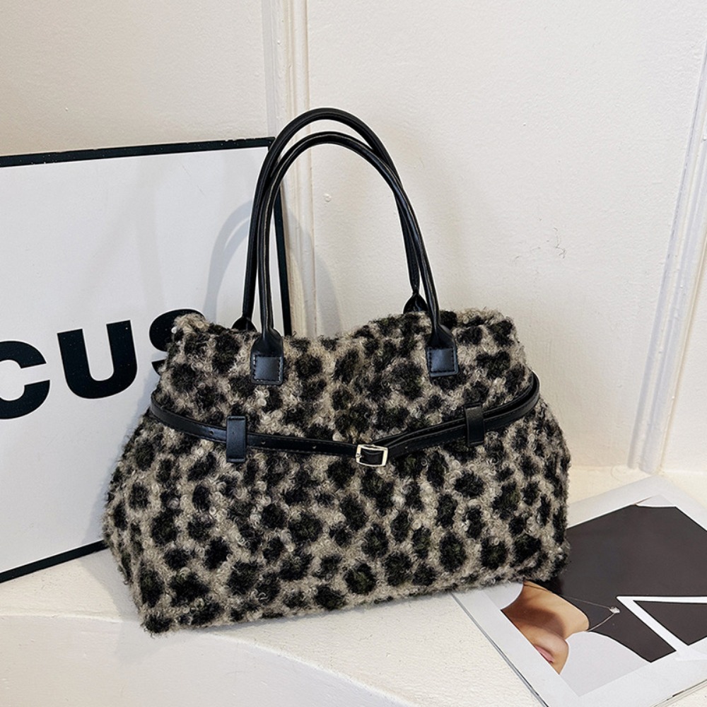 Stylish Vintage Ladies' Faux Lambskin Leopard Print Duffle for All Seasons Practical with Adjustable Strap Options