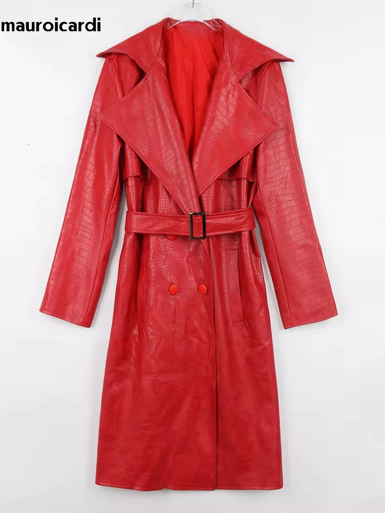 Mauroicardi Spring Long Matte Black Print Pu Leather Trench Coat for Women with Belt Loose Casual Korean Fashion 251105