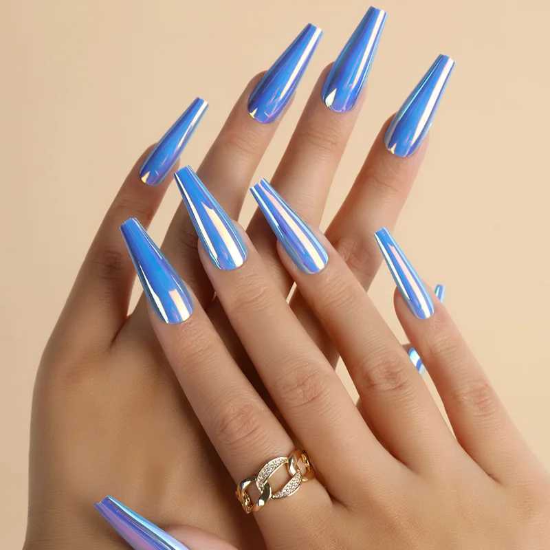 Pinpai 24 piece mirror effect long coffin pressing fake nail set with adhesive full cover artificial fake nail art tip set W250410