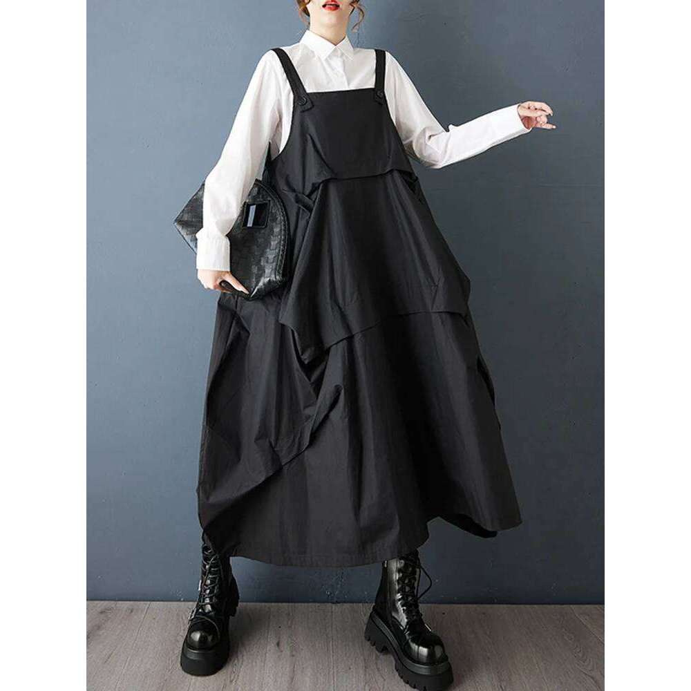 2025 Spring Autumn New Black Vintage Straps Dresses For Women Sleeveless Pleated Loose Casual Dress Robe Elegant Fashion Clothes