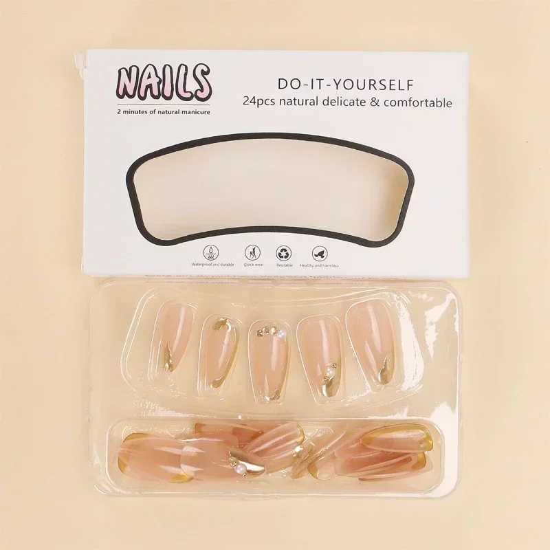 24 pieces of French gold border wearable almond press fake nails simple pearl decoration fake nails with glue complete set of manipulation tips W25041