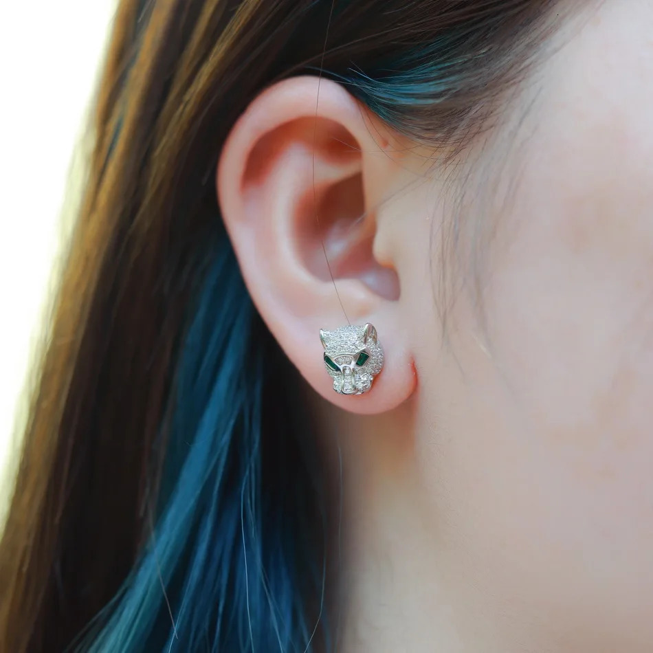 ALLNOEL 100% 925 Silver Stud Earrings For Women Leopard Head Green CZ Eye Panther Animal Jewelry Hip Hop Punk Gift Wholesale 250409