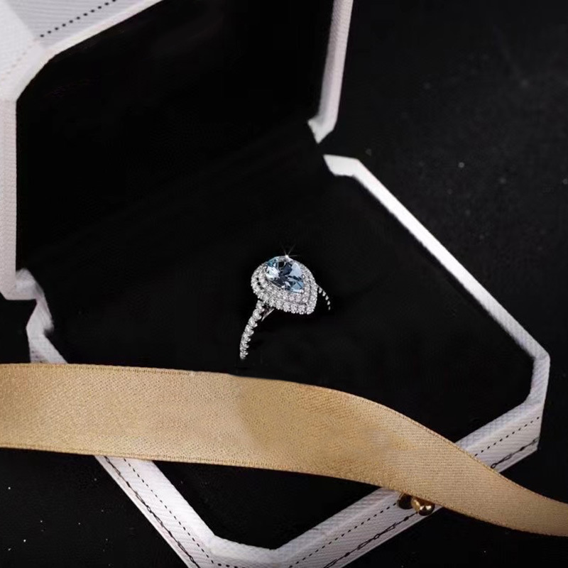 S925 Sterling Silver Water Drop Aquamarine Ring For Women, Ins Trend Fashion Ring Inlaid Designer Ring Adjustable Simple Design Index Finger Ring