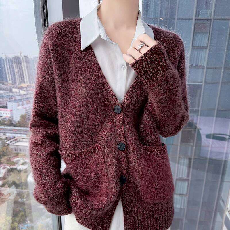 Fancy-Yarn Thickening Wool Women V-Collar Long Sleeve Wear Lady 2025 Winter Top Female Loose Ladies Sweater Plus Size Clothing