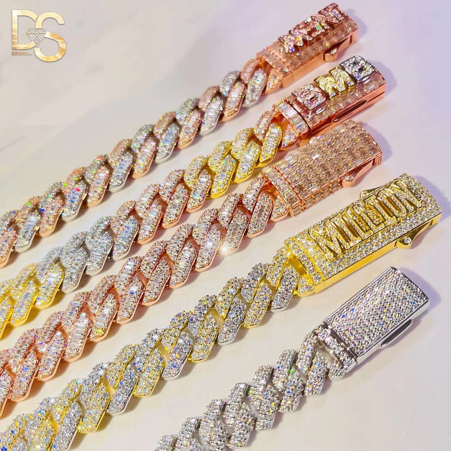 Hip Hop Jewelry Round Cut Prong 8mm-20mm Width Cuban Link Chain Silver Moissanite Necklace and Bracelet