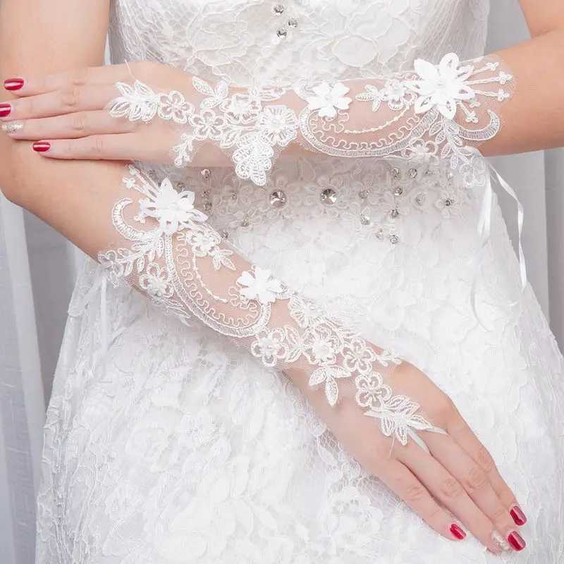 Women Wedding Short Fingerless Gloves Embroidery Lace Imitation Pearl Flower Applique Ribbon Bowknot Bridal Mittens L251110