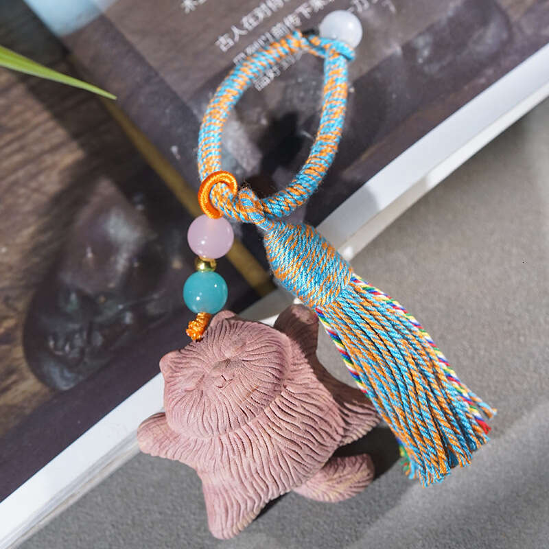 Sandalwood Carved Lying Cat Cute Pet Pendant Phone Chain Bag Tassel Wooden Ornament