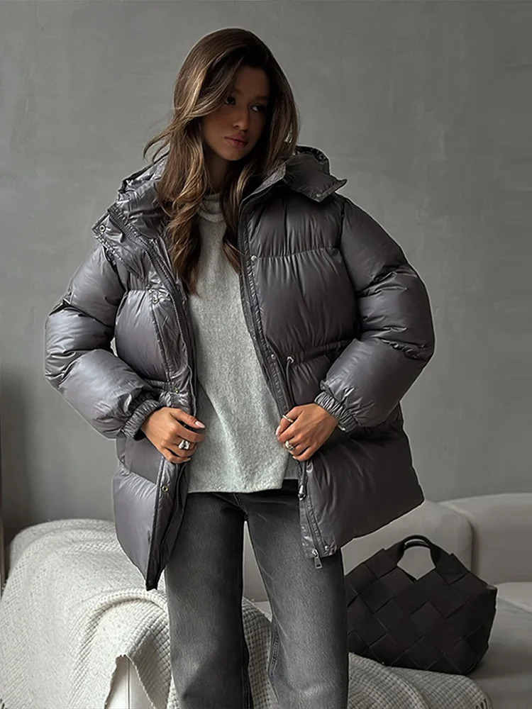 Retro Hooded Drawstring Padded Coat Women Fashion Casual Single Breasted Waist-cinching Cotton Coats Lady Winter Street Outwear 251107