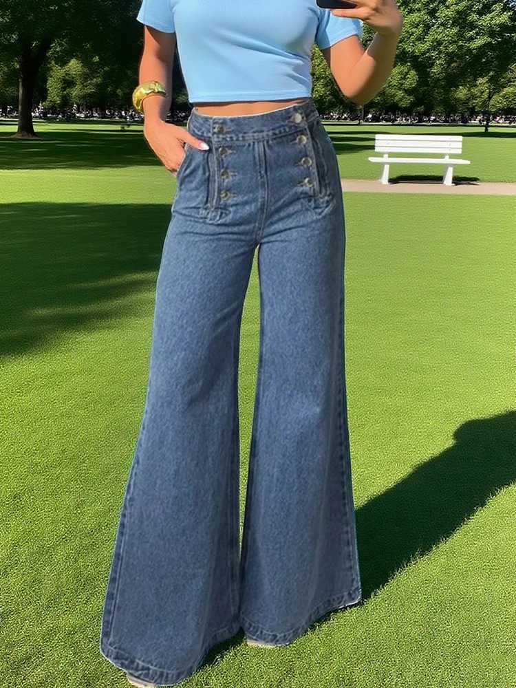 Autumn High Waisted Loose Womens Jean Pants Casual with Buttoned Split - Joint Fashionable Bottoms For Outdoor Travel C251110