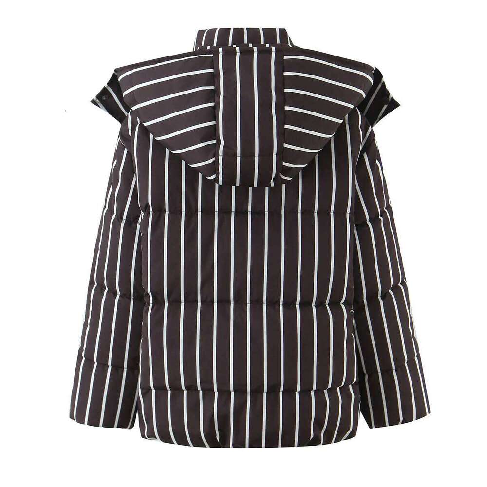 Winter CHIC Women Stand Collar Contrast Color Stripes Parka Coat Removable Hooded Zip Up Full Sleeve Bread Outerwear Coffee