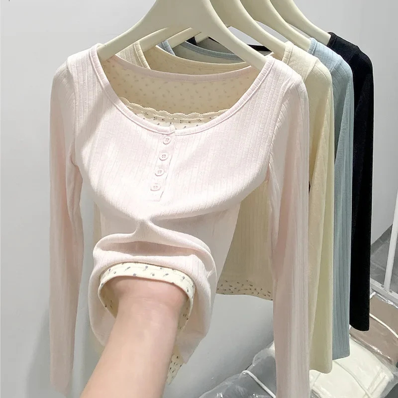 womens long sleeved Tshirt Uneck springsummer slim fit French dress double lace edges Y2k top 250407
