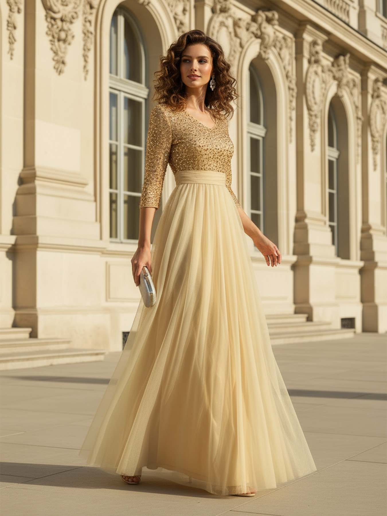 Women's Elegant Glamorous Sequin Tulle Evening Gown, 3/4 Sleeve V-Neck Contrast Color Maxi Dress--D388