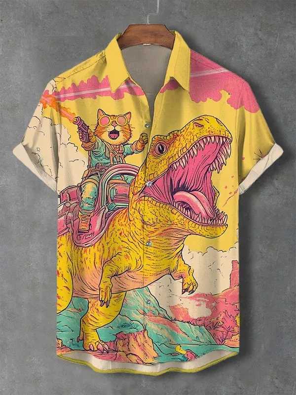 Mens cat graphic shirt short sleeved button up collar shirt summer oversized top vacation casual Hawaiian shirt X250410