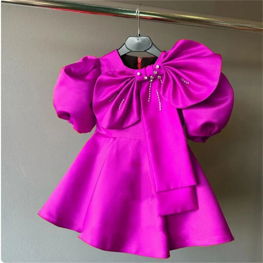 Flower girl dress satin cute princess childrens bow sacrament custom costume dance party first dress customization 250403