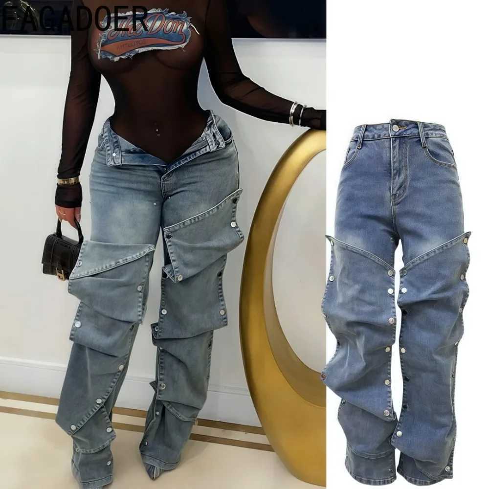 FAGADOER Y2K Retro Straight Denim Pants Women Buttons Irregular Patchwork Jeans Trendy Female Streetwear Bottoms 2025 Spring New C251110