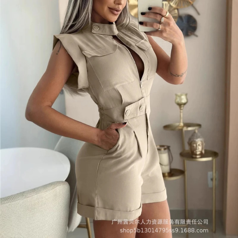 Womens jumpsuit short sleeved zipper onepiece shorts top waist party Y2k streetwear pocket summer work 250410