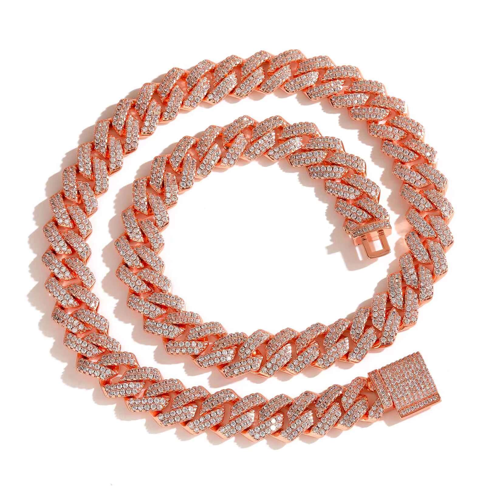 14mm Cuban Chain Pink Zircon Bracelet Genuine Gold Plated Ice Out Necklace Women's and Men's Jewelry Gift