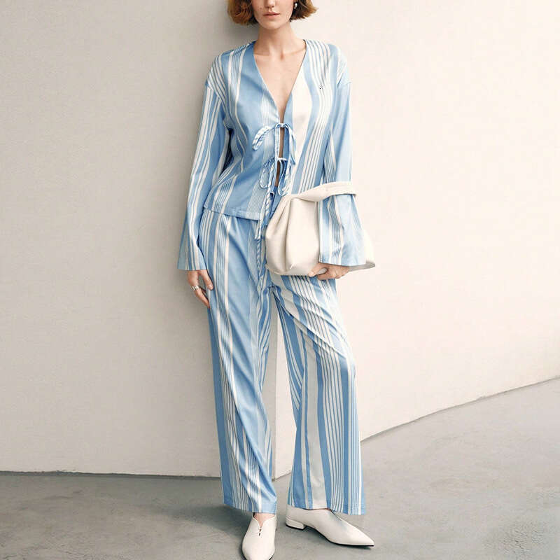 2025 Autumn European American Style Striped Sleeve Shirt and Straight Long Pants Pajamas Two-Piece Set