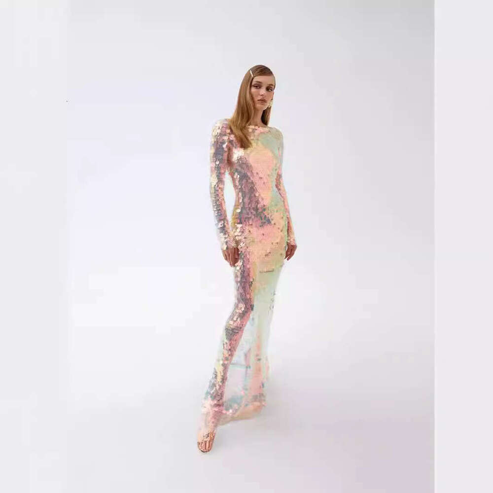 2025 Summer New Fashion Elegant Sexy Backless Mesh Sequin Sleeve Long Night club maxi dress SEXY DRESSES FOR WOMEN