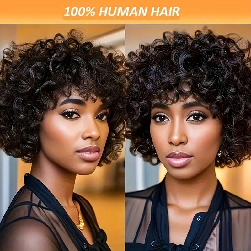 Women's Short Bob Afro Pixie Cut Bangs - 100% Human Hair 200% Density Bouncy Curls, Glueless No Lace Front Wig With Natural Base Light Brown High