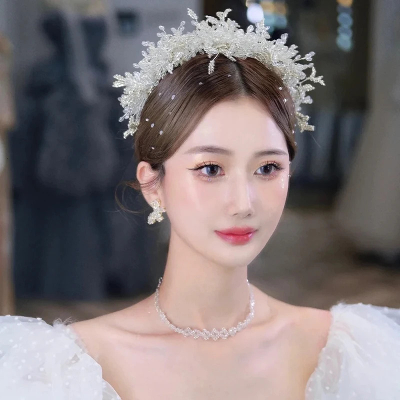 Baroque Handmade Transparent Crystal Beads Bridal Hair Flower Tiaras Crown Water Diamond Diadem Head Wedding Accessories 250410